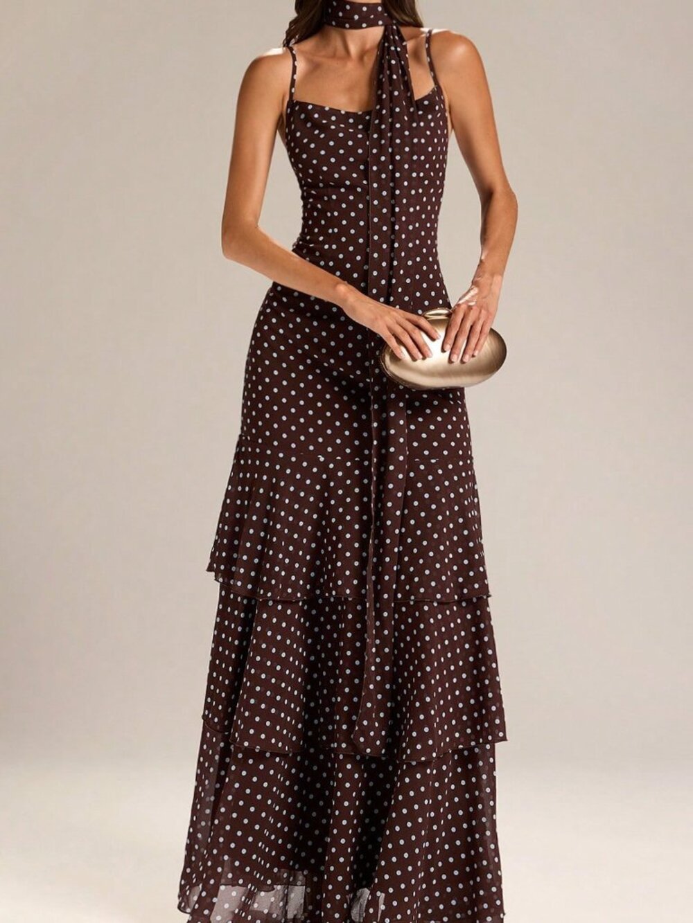 Brown Chic Women's Polka Dot Maxi Dress with Spaghetti Straps, Fishtail Gown - Picture 4 of 7